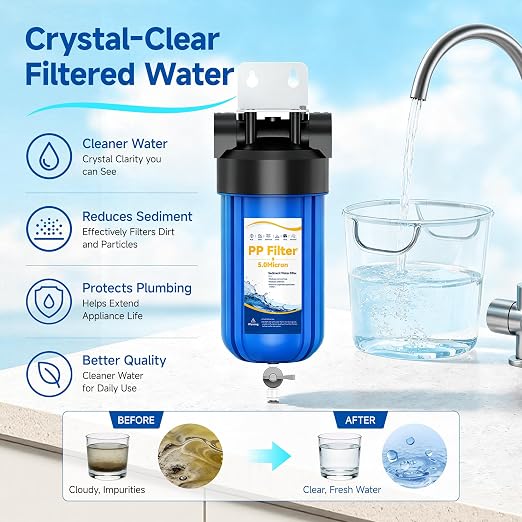 Whole House Big Blue Water Filter System with Drain Valve, PP Sediment Water Filter System 5 Micron, 10" x 4.5" Housing, 1" FNPT Ports, Reduces Sand, Rust, Silt & Dirt, Protects Plumbing & Appliances
