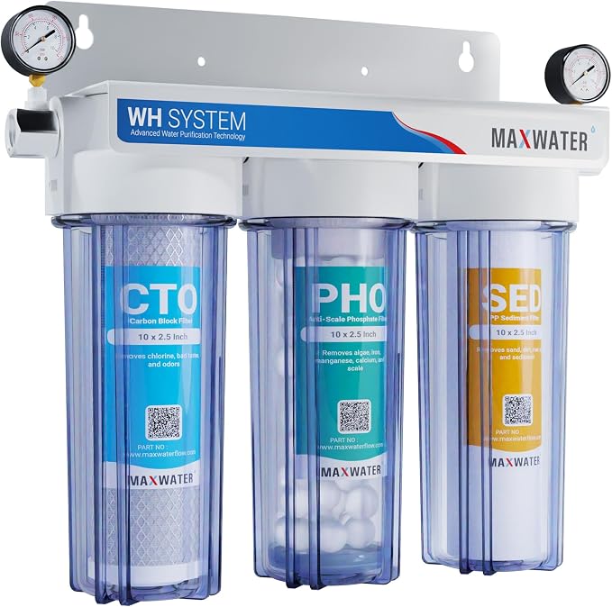 Max Water 3 Stage (Good to Protect Home from Scale & Corrosion) 10 inch Standard Water Filtration System for Whole House - Sediment + Anti Scale + CTO Post Carbon - 3/4" Inlet/Outlet - Model : WH-SC1