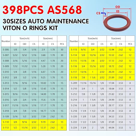 398PCS Viton O Rings for Car Repair, 30Sizes AS568 Viton O-Ring Kit, SAE FKM O Ring Seals for Auto Fuel,Hydraulic,A/C and Oil-line System, High Temperture Resistance Fluorocarbon Sealings