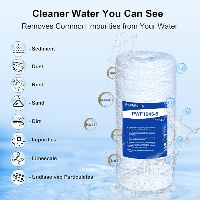 5 Micron 10"x4.5" String Wound Sediment Filter, Whole House Water Filter Cartridge for Well Water, Compatible with WP5BB97P, RS22, SWC-45-1005, Fits Standard 10" Big Housings, 4 Pack