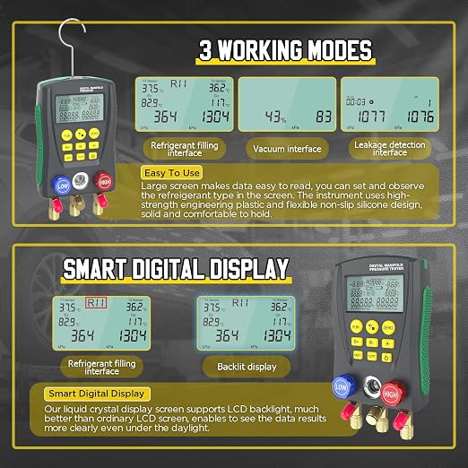 Digital HVAC Manifold Gauge Set,Refrigeration AC Gauges with Thermometer Clamps & Tricolor Hose, Dual Temp & Pressure Sensors for Vacuum & Leak Test,R134a R410a R32 R1234 Refrigerant Recharge Kit