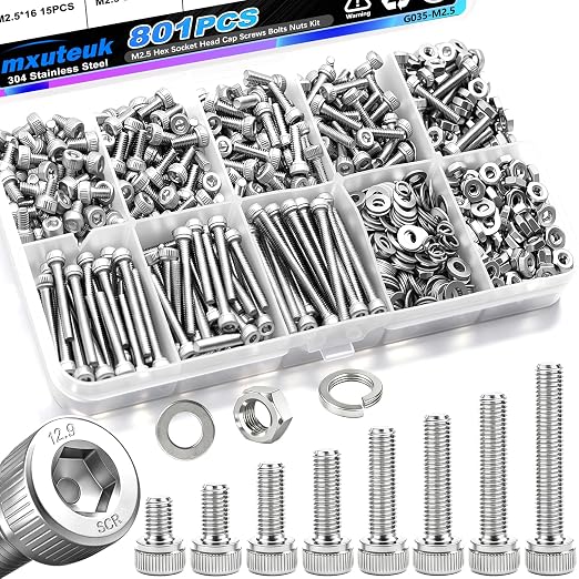 mxuteuk 801PCS M2.5 Screws Assortment Set,M2.5 x 4/6/8/10/12/16/20/25mm M2.5bolts，304 Stainless Steel Hex Socket Head Bolts Nuts Washers Set Suitable for 3D Printer,DIY