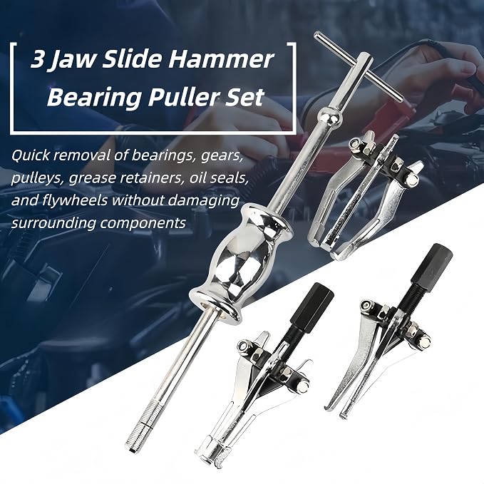RQG 3 Jaw Slide Hammer Bearing Puller Set, Universal Internal External Bearing Gear Puller Set, Alloy Steel Pulley Wheel Bearing Removal Tool Set with Storage Case