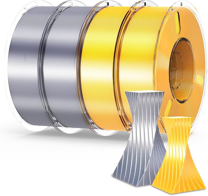 RAMBERY Silk Gold Silver PLA Filament Bundle, Metal-Like Shiny Silk PLA Filament 1.75mm, 3D Printer Filament Dimensional Accuracy +/-0.02mm, 1kg Spool, 4 Packs（Golden,Silver