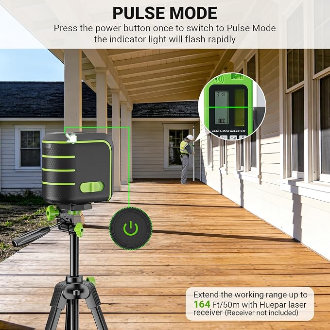 Laser Level with 60" Tripod, Rechargeable, Self Leveling Lazer Leveler Tool, Green Cross Lines,10H Runtime, Pulse Mode up to 165 ft, IP54 for DIY, Tile, Cabinet U011G, Fathers Day Dad Gifts