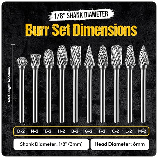 10Pcs Carbide Burr Set - 1/8" Shank Tungsten Die Grinder Bits, Double Cut - Compatible with Dremel & Milwaukee - Cutting, Engraving, Deburring - Rasp Accessories - Metal, Steel, Aluminum