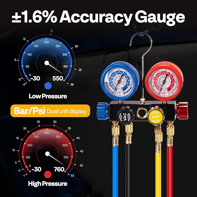 SPECSTAR 1/3 HP 4.5 CFM 1-Stage HVAC Vacuum Pump and 4 Way AC Manifold Gauge Set with Leak Detector 5ft Hoses & Accessories for R134a R12 R22 R502 R410a Auto Air Conditioning Refrigeration Recharging
