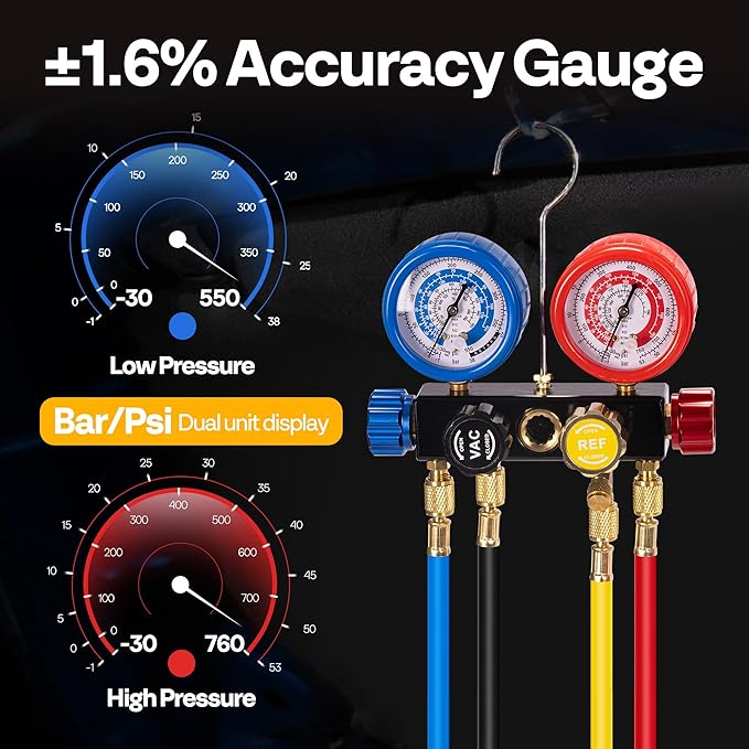 SPECSTAR 1/3 HP 5 CFM 1-Stage HVAC Vacuum Pump and 4 Way AC Manifold Gauge Set with Leak Detector 5ft Hoses & Accessories for R134a R12 R22 R502 R410a Auto Air Conditioning Refrigeration Recharging