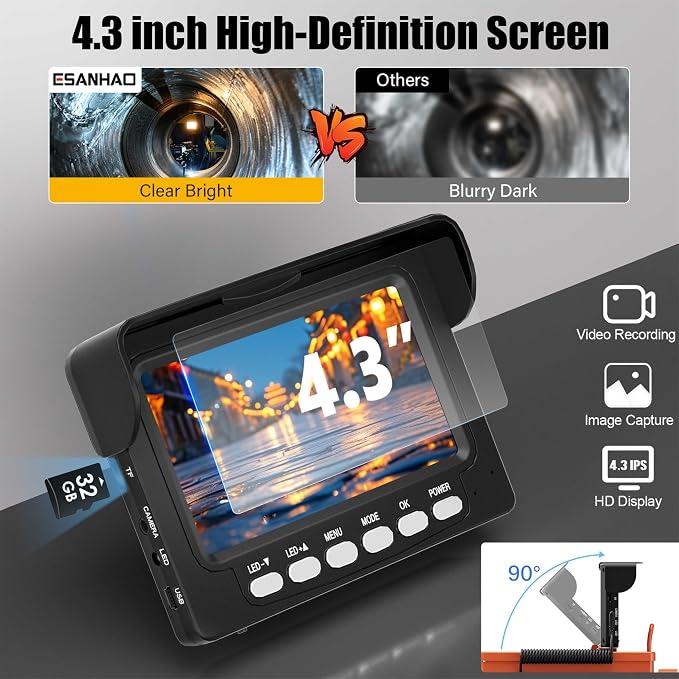 Sewer Camera 100FT/30M Borescopes Plumbing Snake Pipe Inspection Camera DVR & Audio Recorder 17MM with 5600Mah Battery 4.3" IPS Screen 12 LEDs HD 1000TVL 32GB Card