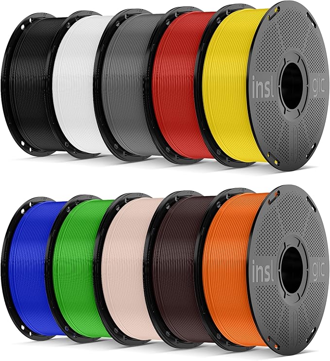 Inslogic Pre-Dried 10kg PLA Pro 3D Printer Filament Bundle, Strong & Tough PLA Pro Filament 1.75mm ±0.02mm, Reusable Spool, 10 Colors, 10kg Total, 10×1kg
