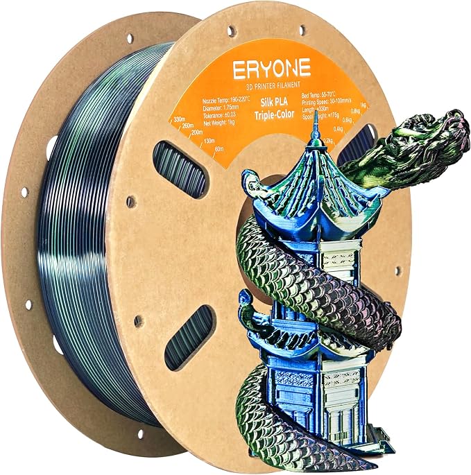 ERYONE Silk Tri Color PLA Filament 3D Printer 1.75mm +/- 0.03mm, Multicolor Filament Tricolor PLA 1KG(2.2lbs) Cardboard Spool, Dark Green & Midnight Blue & Black