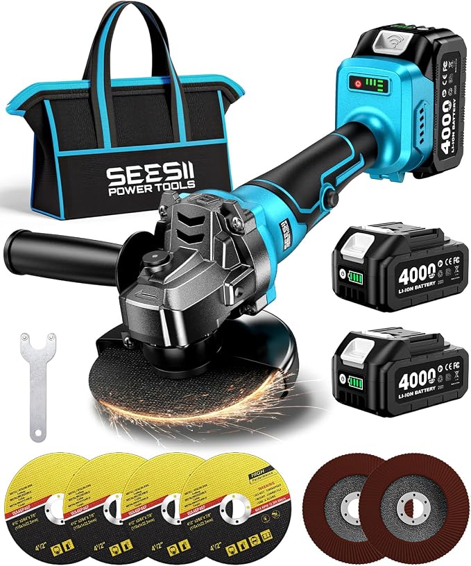 SEESII Angle Grinder Cordless 21V, 9500RPM Battery Grinder Tool, Brushless Motor, 2X 4.0Ah Batteries, Lightweight Design, 4-1/2 inch Power Electric Grinder Kit for Metal Cutting, Grinding