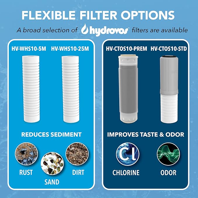 HYDROVOS 10-Inch Whole House Water Filter System, NSF Certified Reduces Sediment, Features 3/4” Stainless Steel Ports, Built-in Pressure Relief and Bypass Valve, One 10" x 2.5" Filter Included