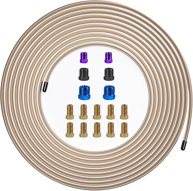 MuHize 1/4 Inch Copper Nickel Brake Line Kit (25 Feet) - Corrosion Resistant Hydraulic Brake Tubing for Ford/Toyota Tacoma - 16 Braking Fittings Coil Set