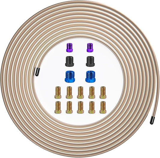 MuHize 1/4 Inch Copper Nickel Brake Line Kit (25 Feet) - Corrosion Resistant Hydraulic Brake Tubing for Ford/Toyota Tacoma - 16 Braking Fittings Coil Set