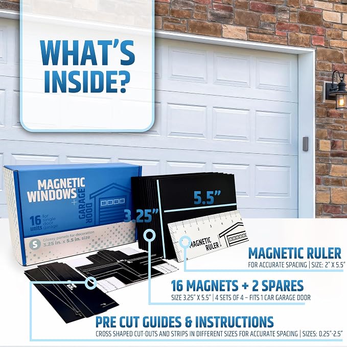 Strong & Glossy Magnetic Garage Door Windows (Size Small) - Looks Like Real Window Panels/Faux Panes - Easy to Align & Will Never Fall (Upgraded Magnets) | Fits 1 Car Garage | 16pcs 3.25"X5.5"