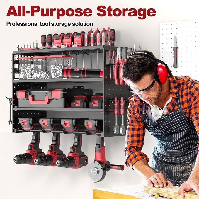 Power Tool Organizer Wall Mount - 4 Layer Metal Power Tool Storage Rack, Cordless Tool Holder with 4 Hooks, Utility Storage Rack for Garage Workshop Shed Pegboard