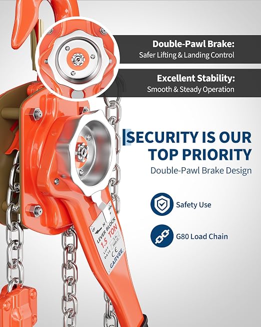 1.5 Ton (3300 LBS) Manual Lever Chain Hoist, 10 ft Heavy Duty G80 Galvanized Steel Come Along with Double-Pawl Brake & 360° Rotating Hooks for Garage Warehouse Construction Factory