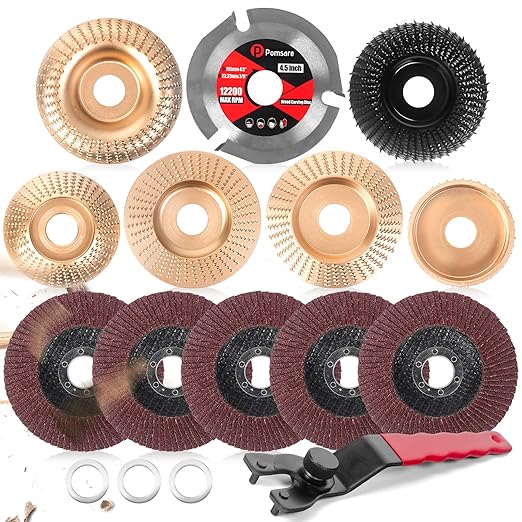 Pomsare 13PCS Angle Grinder Polishing Pad Sanding Disc, Wood Carving Disc Set for 4 1/2 Angle Grinder Attachments, Tungsten Carbide Cutting Wheel Stump Grinder for Wood Grinding, Shaping and Sanding