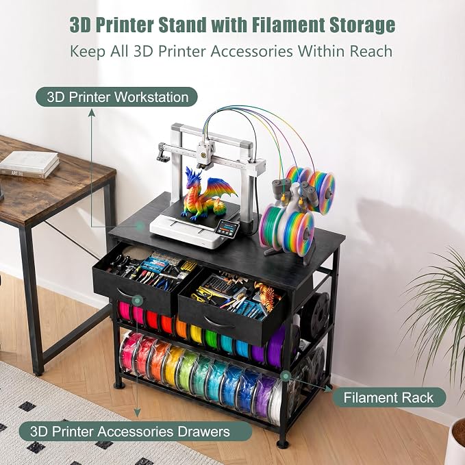 3D Printer Stand with Filament Storage Heavy Duty Metal 3D Printer Table with Fabric Drawer Anti-Vibration Filament Storage Rack for Workshop Studio Office Black