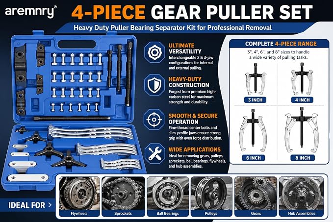 Gear Puller Set 3" 4" 6" 8" 2 and 3 Jaw Hub Puller Bearing Separator Suitable for Remove of Gears, Hubs, Ball Races, Bearings, Flywheels, Pulleys and Sprockets