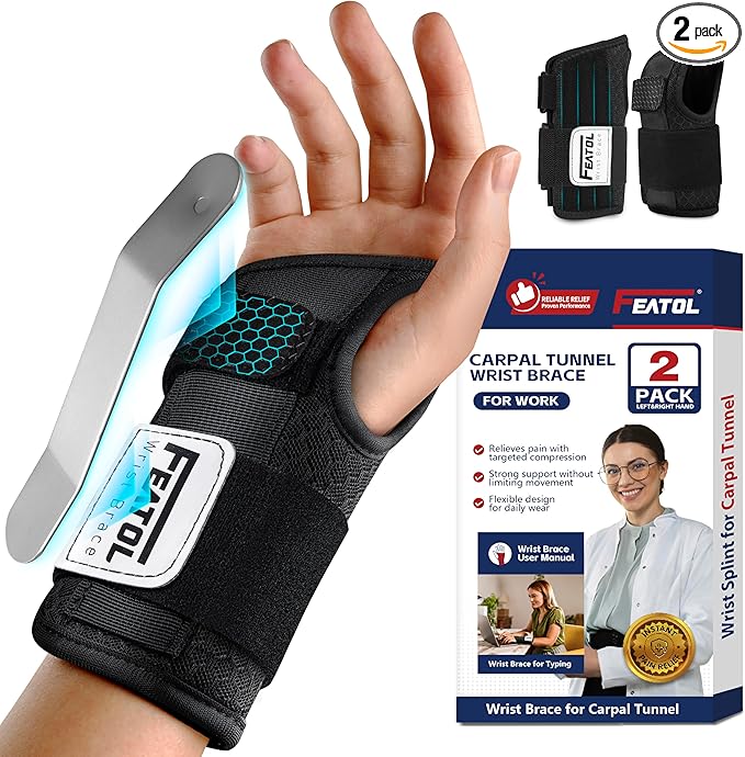 FEATOL 2 Pack Carpal Tunnel Wrist Brace For Work With Wrist Splint, 6.5'' Wrist Brace Night Support For Women Men, Pain Relief For Tendonitis, Arthritis, Pregnancy, Typing, Right and Left Hand, Medium