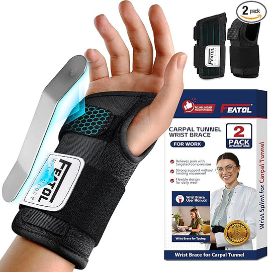 FEATOL 2 Pack Carpal Tunnel Wrist Brace For Work With Wrist Splint, 6.5'' Wrist Brace Night Support For Women Men, Pain Relief For Tendonitis, Arthritis, Pregnancy, Typing, Right and Left Hand, Medium