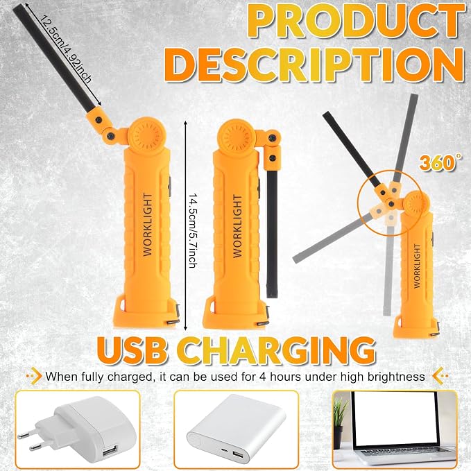 Mudder 6 Pcs LED Work Flashlights with Magnetic Base, Rechargeable, Portable, Yellow