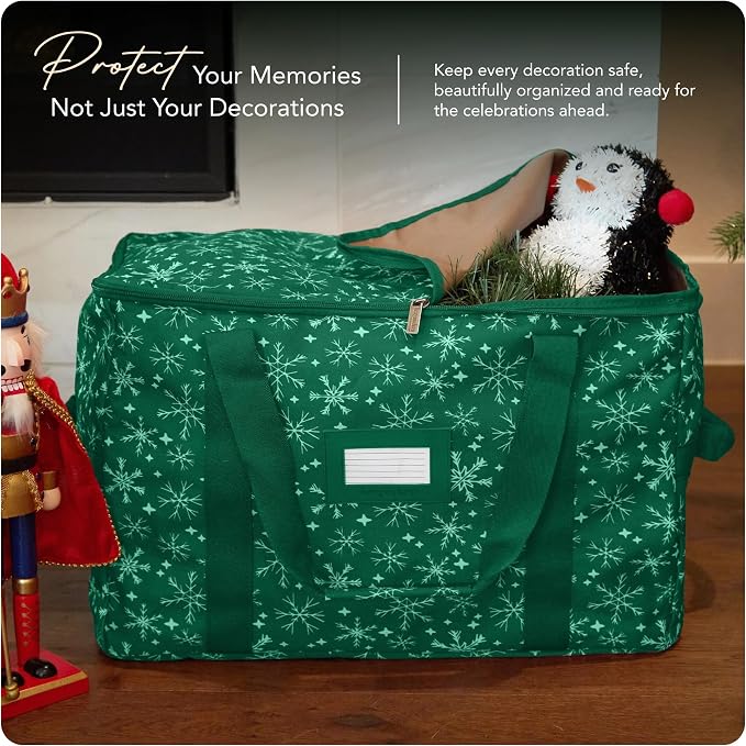 Covermates Keepsakes Treasurekeeper Storage Bag - Carrying Handles, ID Window - Holiday Storage, Green Snowflake