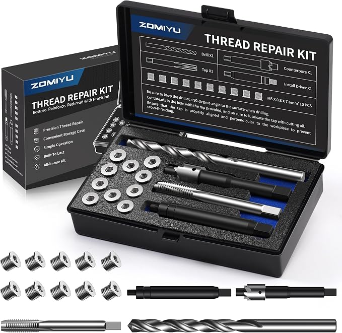 M5x0.8 Metric Thread Repair Kit, with HSS Drill, HSS Tap, Counterbore, Installation Driver, M5x0.8MM 10 pcs 304 Stainless Steel Inserts (7.6mm Length)