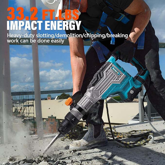 Berserker 1700W 25-Pound SDS-Max Demolition Jack Hammer 65H,14-Amp Corded | Inline Medium/Heavy duty Electric Concrete/Pavement Breaker with Variable Speed,Vibration Control,Carrying Case & 2 Chisels