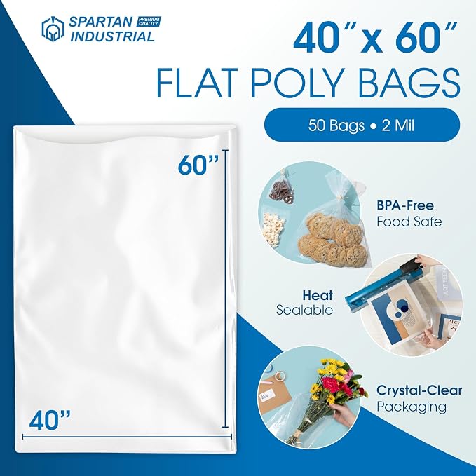 40" X 60" Open-End Flat Poly Bags (50 Count) - 2 Mil Clear Plastic Bags for Packaging, Shipping, Storage - No Adhesive Strip - Spartan Industrial