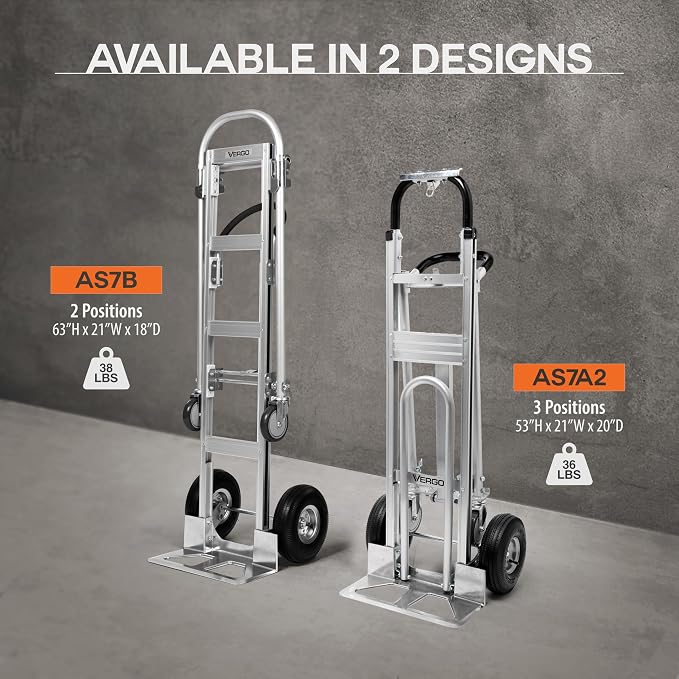Vergo Industrial Convertible Hand Truck - AS7A2 Heavy Duty Aluminum 3 in 1 Dolly (750 lb Capacity) Lightweight Frame, Ergonomic Handle, Extendable Loop, Versatile Moving Dolly (3 Positions 53" High)