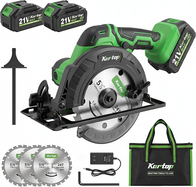 KARTOP Mini Circular Saw Cordless, 5-1/2" Sierra Circular with 3 Blades & 2 Pack 4.0Ah Battery, 7000RPM Power Saws for Wood, Soft Metal, Plastic Cutting