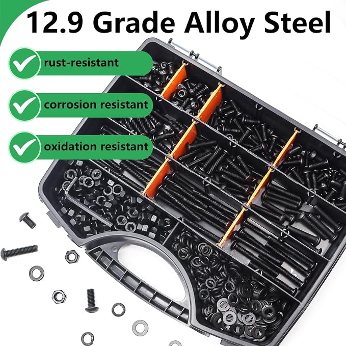 Twidec/633PCS M6 Bolt Assortment Kit 12.9 Grade M6x10/12/14/16/20/25/30/35/40/45mm Button Head Hex Socket Cap Screws Metric Bolts Nuts Washer Assortment Kit Black Alloy Steel N-103-633PCS