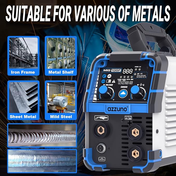 AZZUNO 135 Amp MIG Welder, 3 in 1 Multiprocess Welder 110V Flux Core Welder Flux MIG/Lift TIG/Stick Welding Machine Synergic Control IGBT Inverter Welder (volts, 110)