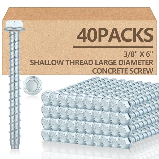 Tandefio 40 Pack 3/8" x 6" Concrete Screw Anchor Galvanized Large Diameter Heavy Duty Plated Concrete Anchors for Masonry Brick Anchoring Block Decking Framing Hex Drive