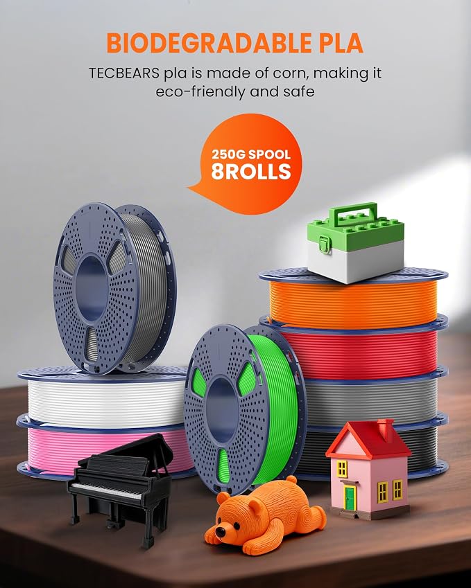TECBEARS PLA 3D Printer Filament Bundle, 250g PLA Filament, 0.25kg/Spool,Total 4kg, 16 Packs, Black+White+Grey+Red+Blue+Green+Yellow+Orange+Pink+Skin+Chocolate+Silver+Olive Green+Transparent+Gold+Wood