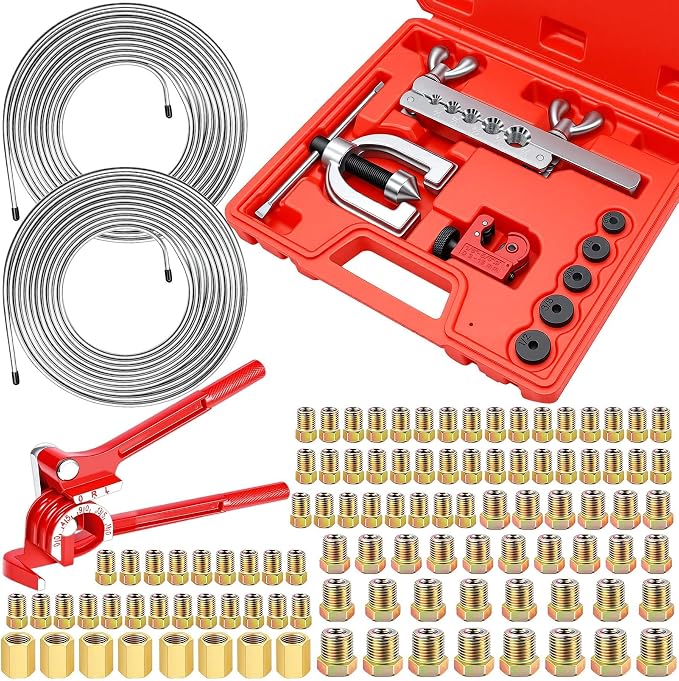 smseace 112Pack 3/16 Inch Brake Line Flaring Tool Kit Include 25 FT Zinc-Plated Brake Line Kit with 94pcs Fittings,8pcs Union,Tubing Bender,Double & Single Flare Tool,Cutter