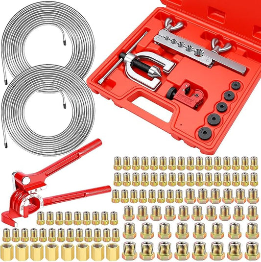 smseace 112Pack 3/16 Inch Brake Line Flaring Tool Kit Include 25 FT Zinc-Plated Brake Line Kit with 94pcs Fittings,8pcs Union,Tubing Bender,Double & Single Flare Tool,Cutter