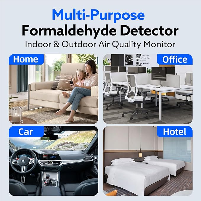 Formaldehyde Detector, Rechargeable HCHO Monitor with Vibration, Visual & Sound Alarms, Temperature Humidity Meter, Formaldehyde Air Quality Tester for Home, Work