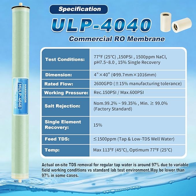 ULP-4040 Membrane, 4"×40" Ultra Low Pressure RO Membrane, NSF Certified, 2600 GPD, 99.3% Salt Rejection, TDS ≤2000 ppm, Replacement Element for Tap, Well, Ground & Municipal Commercial Water Treatment