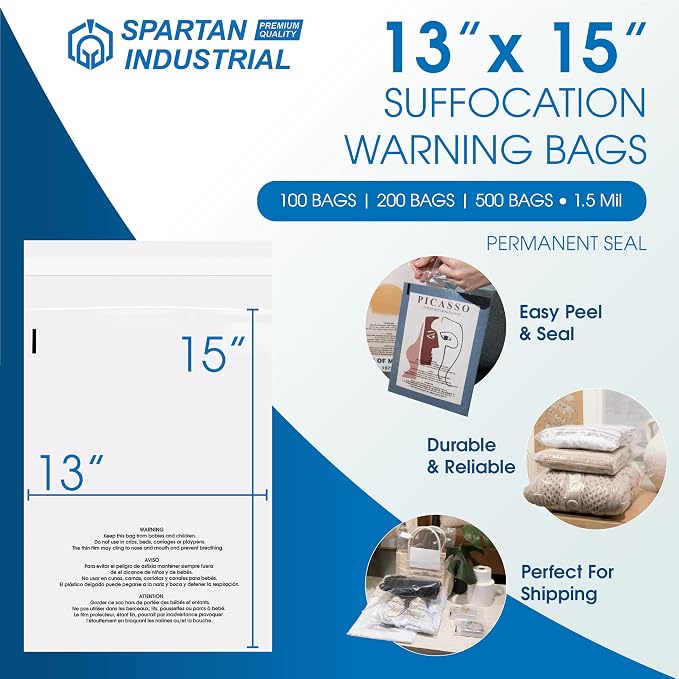 Spartan Industrial - 13” X 15” (200 Count) Self Seal Clear Poly Bags with Suffocation Warning for Packaging, T Shirts - Permanent Adhesive