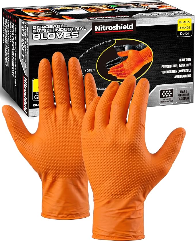 wcy 9 Mil Heavy Duty Orange Nitrile Gloves,Raised Diamond Texture Grip,Industrial Mechanic Rubber Gloves Disposable Latex Free Chemical Resistant Guantes for Work,Cooking,Food Safe - XLarge,80Count