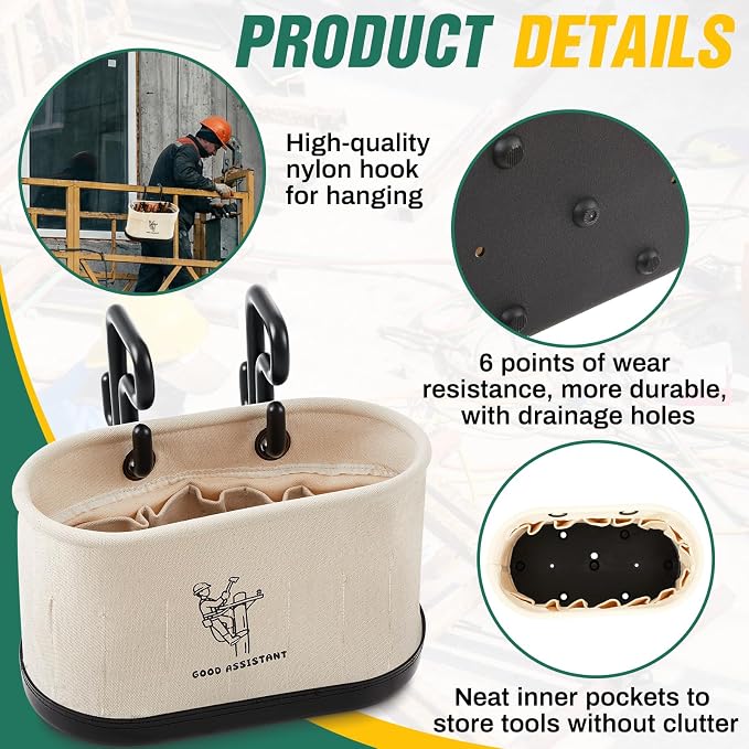 Vesici 1 Pcs White Canvas Bucket Bag Including Hooks Lineman Aerial Oval Tool Bucket with Black Polypropylene Bottom 15 Interior Pockets Tool Organizer for Industrial Maintenance Construction Sites