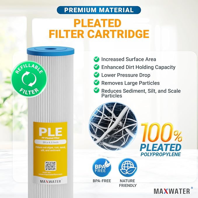 Max Water 5 Micron 20 x 4.5 Whole House Pleated Sediment Water Filter Replacement Cartridge for Well Water Filtration