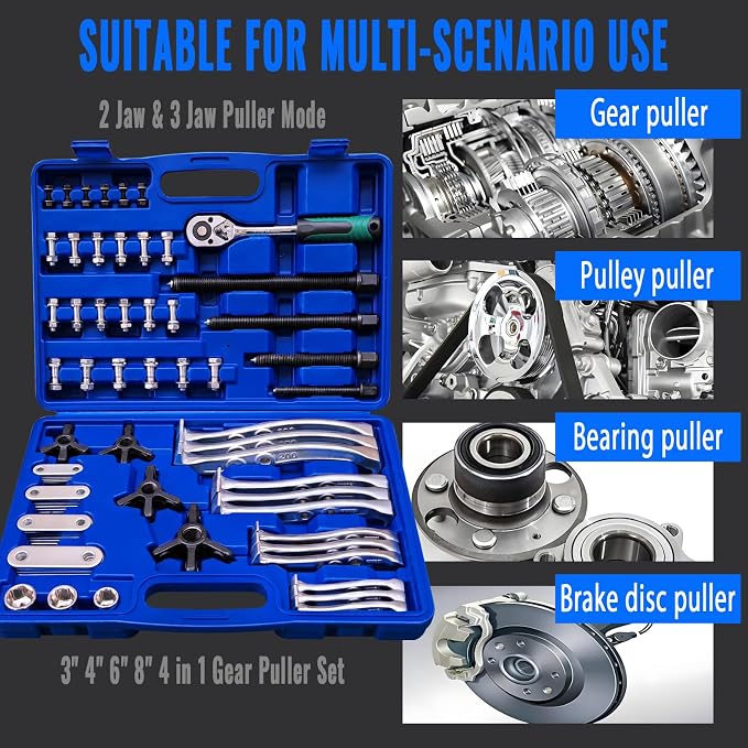 3" 4" 6" 8" Gear Puller Set,2 Jaw & 3 Jaw Bearing Puller Kit with Reversible Jaws,Cr-V Steel Heavy Duty Pulley Puller Tool for Internal External Bearing Gear Pulley Flywheel Removal.