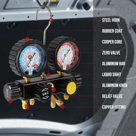 Lichamp HVAC Gauges with Hoses, AC Manifold Gauge Set R134A R410A R404A R22 Refrigerant Gauges and 4.5 cfm 1/3 HP HVAC Single Stage Vacuum Pump for R134a R410a R22 R12