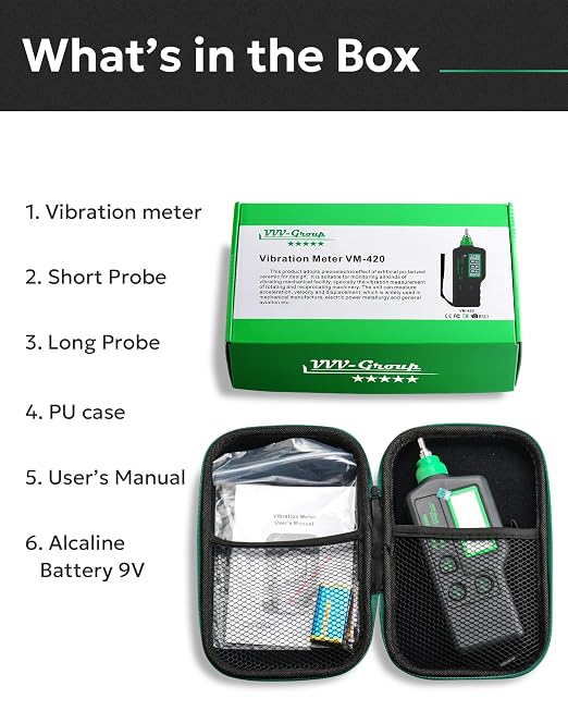 Digital Vibration Meter – VM-420 Industrial Vibrometer, Acceleration 0.1–199.9 m/s², Velocity 0.1–199.9 mm/s, Displacement 0.001–1.999 mm, 10Hz–15kHz, Handheld Machine Diagnostics Tool