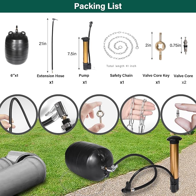 6 Inch Inflatable Pipe Plug Kit with Fast Air Pump & Extension Hose, Heavy Duty Rubber Sewer Test Ball with Safety Chain & Valve Tool for Drain Blocking & Leak Testing(Fits 5.8"-6.2" Pipes)